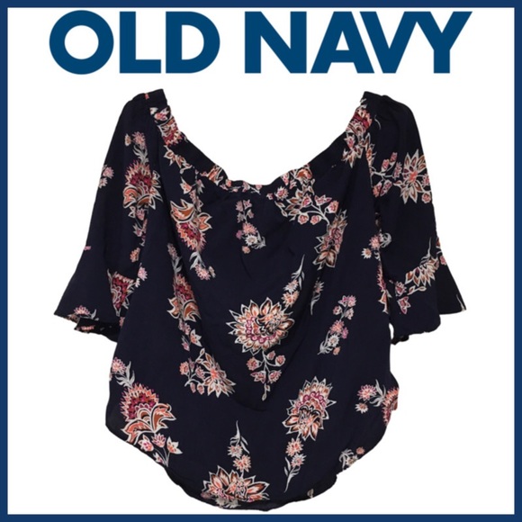 OLD NAVY Floral Blouse Flutter Bell Sleeve Off The Shoulder Navy Blue Small - Picture 1 of 7